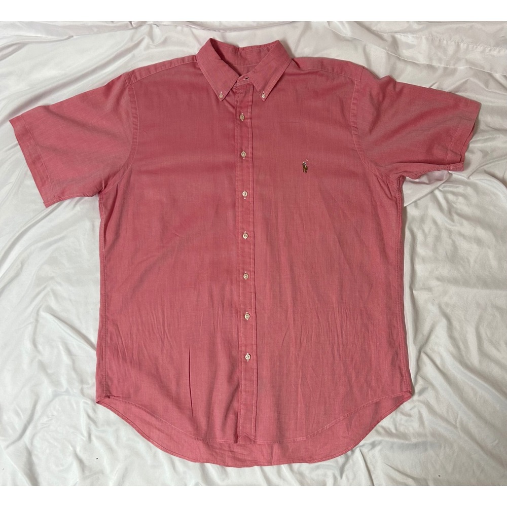 Polo Ralph Lauren Pink Salmon Chambray Oxford Short Sleeve Shirt Mens LT Tall